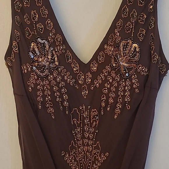 EUC VTG Marina 100% Silk Beaded and Sequined Chocolate Bown Lined Dress - Picture 4 of 17